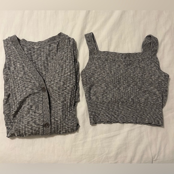 Athleta Tops - Athleta Gray Heathered Buttoned Cardigan and Ribbed Camisole Set